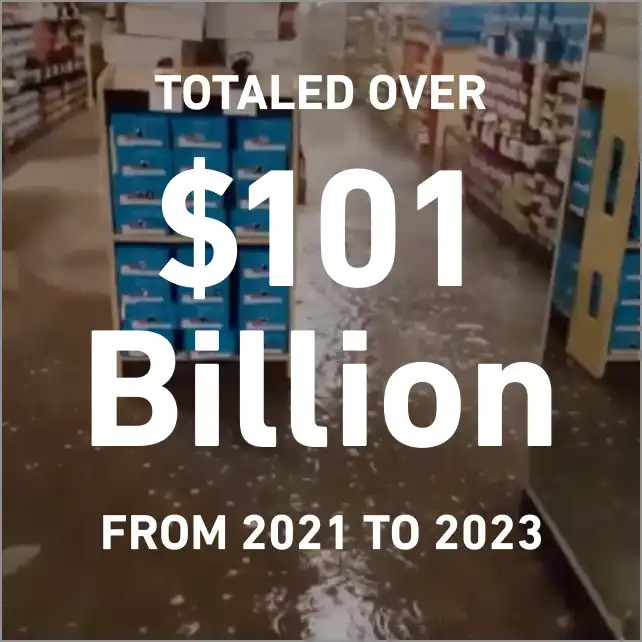 Background: A flooded shoe store. Graphical text states, “Totaled over $101 Billion from 2021 to 2023.”