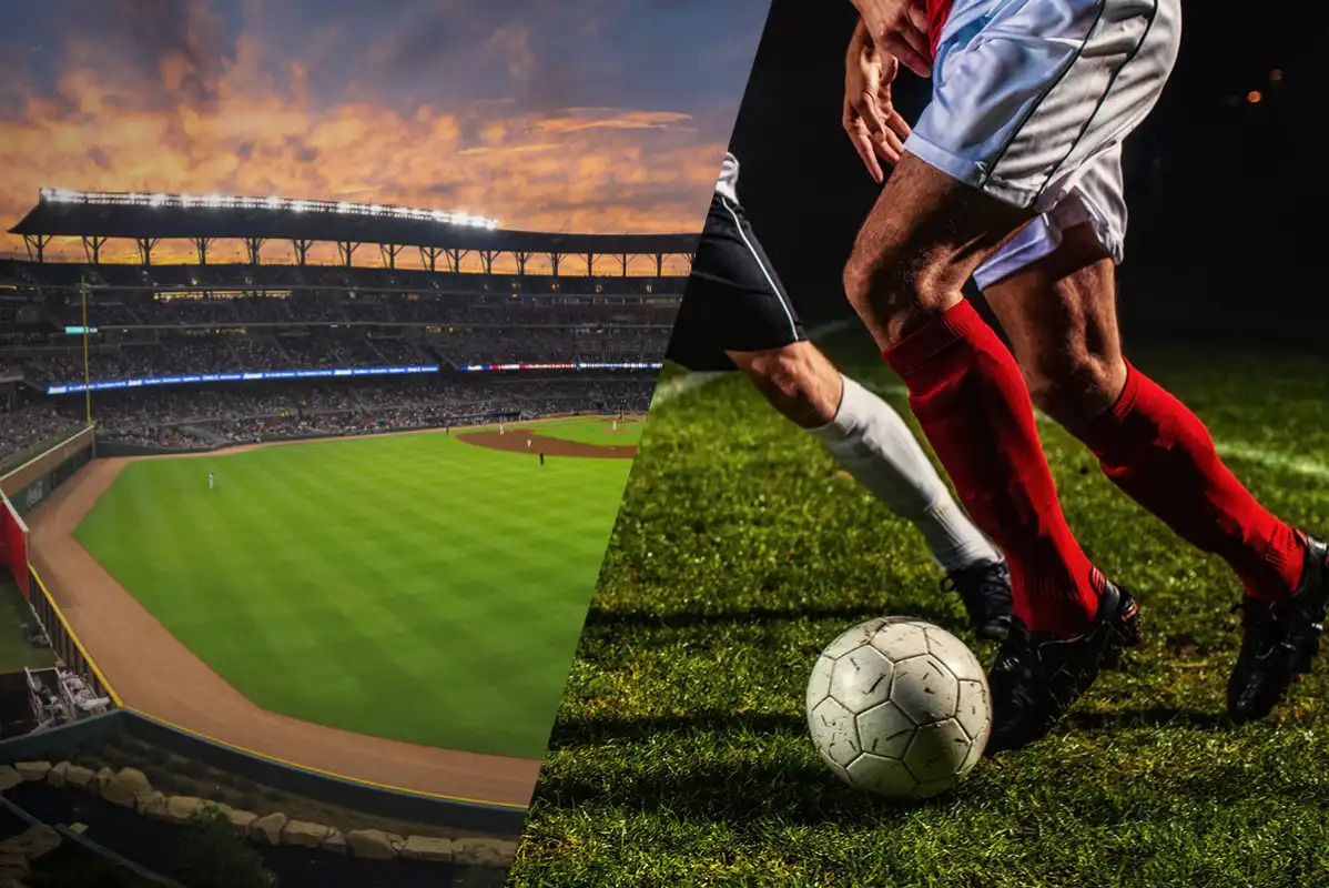 The image is split between a professional baseball field with lights on and a soccer player’s legs, wearing red socks, kicking a soccer ball.