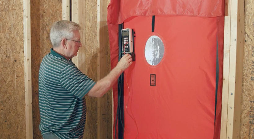 A man calibrates the red blower door for testing. 